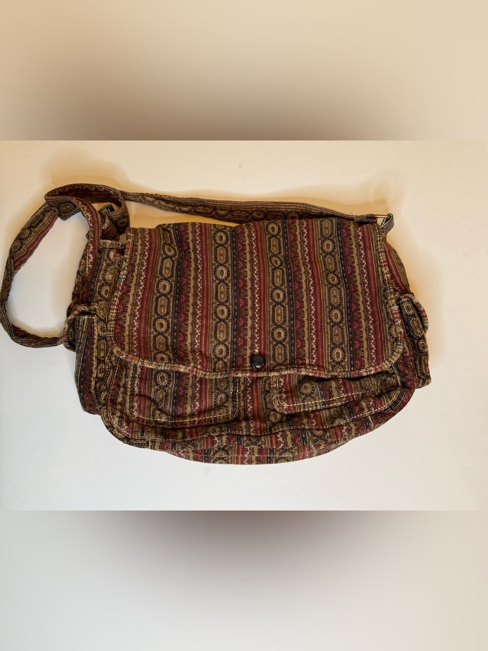 Vintage Fossil Multi-Color Striped Corduroy Canvas Messenger Shoulder Bag Boho